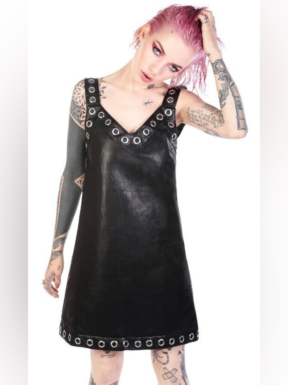 Disturbia Faux Black Leather Mini Dress Grommets Goth